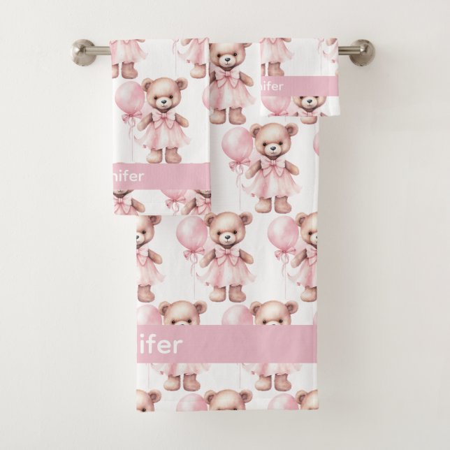 Individuelle Name Pink Teddy Bear Girl's Bath Hand Badhandtuch Set (Insitu)