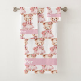 Individuelle Name Pink Teddy Bear Girl's Bath Hand Badhandtuch Set