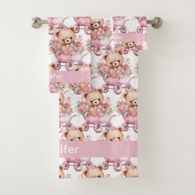 Individuelle Name Pink Teddy Bear Girl's Bath Hand Badhandtuch Set (Insitu)