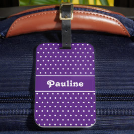 Individuelle Name Polka Dot Dark Lila und weiß Gepäckanhänger