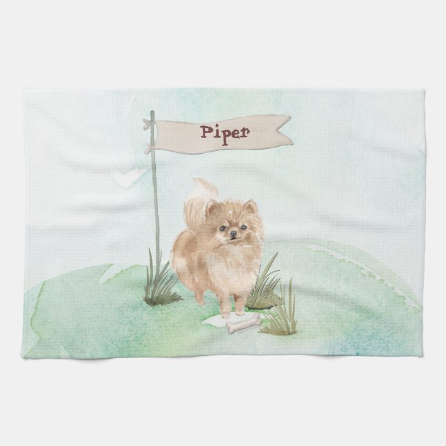 Individuelle Name Pommeranian Haustier Hund Geschirrtuch (Horizontal)