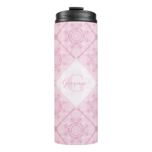 Individuelle Name Preppy in Pink Mandala Diamond g Thermosbecher (Vorderseite)