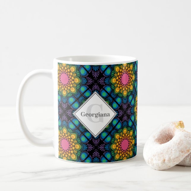 Individuelle Name Rainbow Floral Fountain Diamond  Kaffeetasse (Mit Donut)