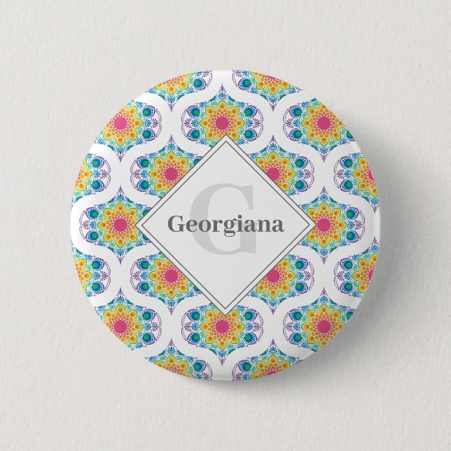 Individuelle Name Rainbow Floral Mandala Retro Oge Button (Vorderseite)