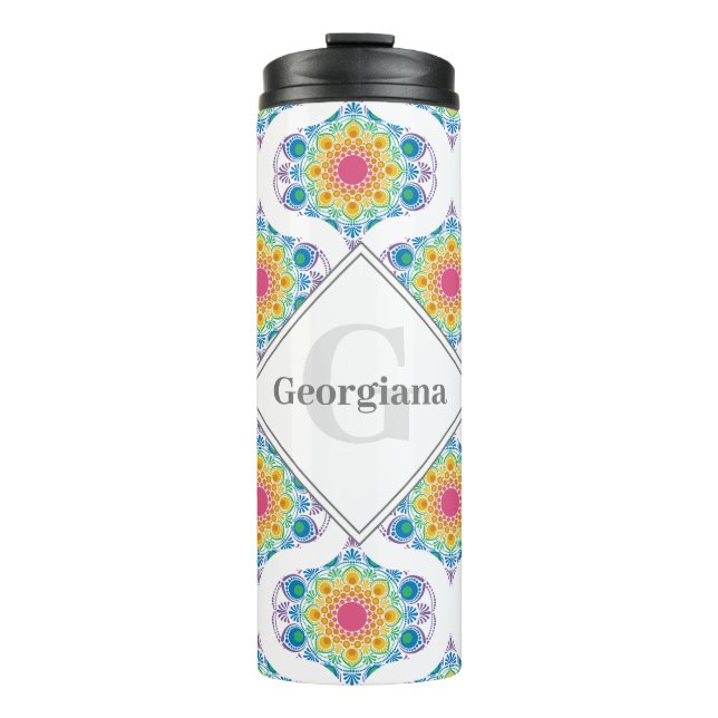 Individuelle Name Rainbow Floral Mandala Retro Oge Thermosbecher (Vorderseite)
