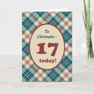 Individuelle Name Red Blue Kariert 17. Geburtstag Karte