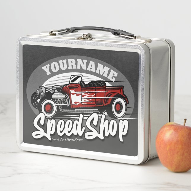 Individuelle Name Red HotRod Roadster Speed Shop G Metall Brotdose (Beispiel)