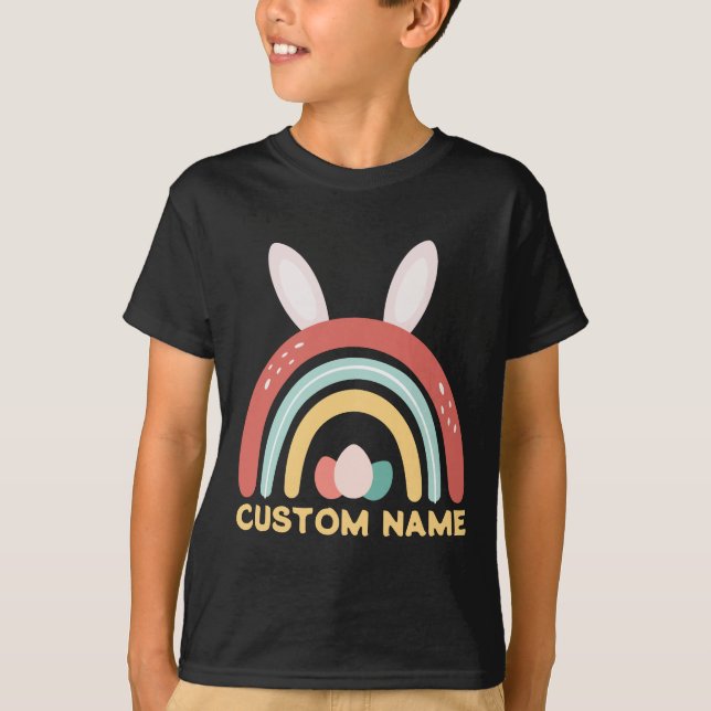 Individuelle Name Regenbogen Ei Bunny Ohr Niedlich T-Shirt (Vorderseite)