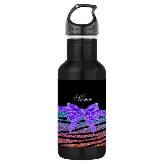 Individuelle Name Regenbogen Glitzer Zebra Streife Trinkflasche (Vorderseite)