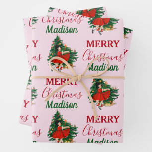 Individuelle Name Retro Christmas Girl Weihnachten Geschenkpapier Set
