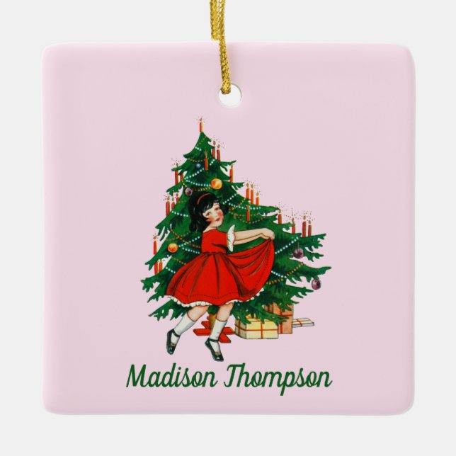 Individuelle Name Retro Christmas Girl Weihnachten Keramikornament (Vorderseite)