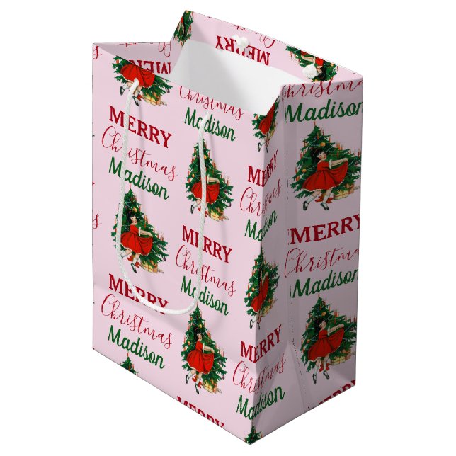 Individuelle Name Retro Christmas Girl Weihnachten Mittlere Geschenktüte (Vorderseite Schrägansicht)