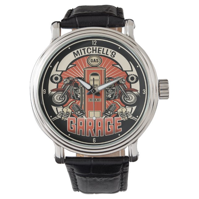 Individuelle Name Retro Gaspumpe Motorradfahrer Ga Armbanduhr (Vorderseite)