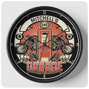 Individuelle Name Retro Gaspumpe Motorradfahrer Ga Große Wanduhr