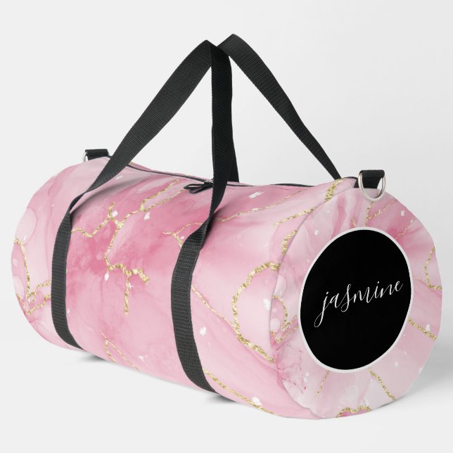 Individuelle Name Rosa Glitzer Agat Monogramm Troc Duffle Bag (Linke Ecke)