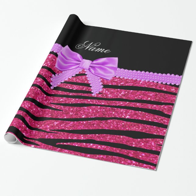 Individuelle Name Rosa Glitzer Zebrastreifen Geschenkpapier (Ungerollt)