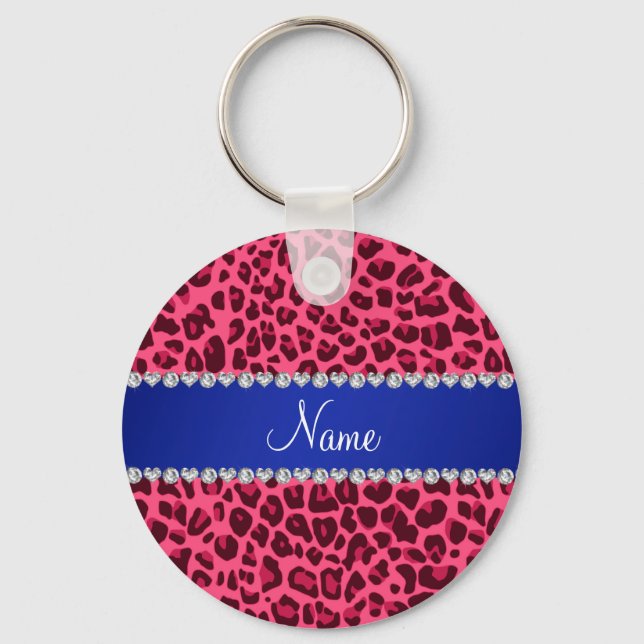 Individuelle Name Rosa Leoparden druckblau Streife Schlüsselanhänger (Vorderseite)