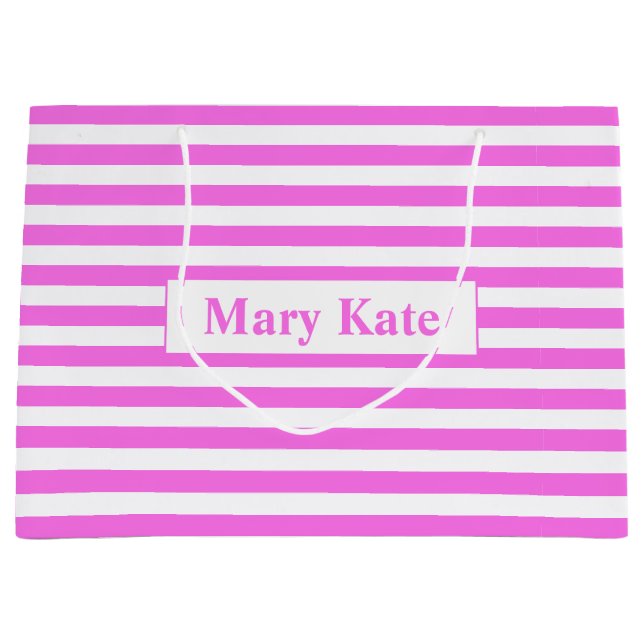Individuelle Name Rosa/Weiße Streifen Große Geschenktüte (Vorderseite)