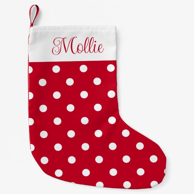 Individuelle Name Rot und Weiß Polka Dot Kleiner Weihnachtsstrumpf (Vorderseite)