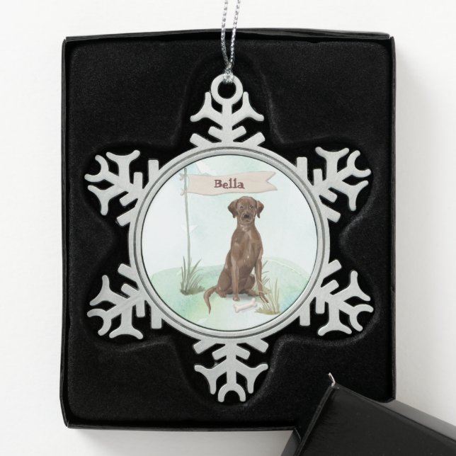 Individuelle Name Schokolade Labrador Haustier Hun Schneeflocken Zinn-Ornament (Box)