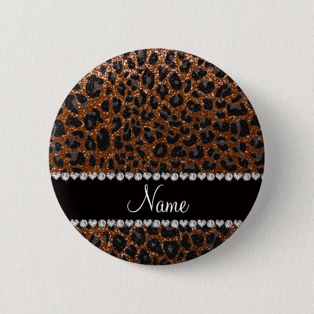 Individuelle Name Schokoladenbraun Glitzer Leopard Button (Vorderseite)