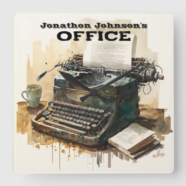 Individuelle Name-Schreibmaschinenbücheruhr Quadratische Wanduhr (Vorderseite)