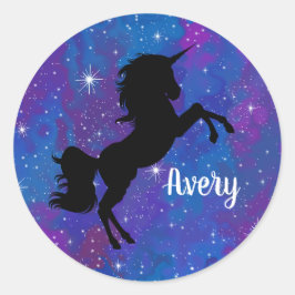 Individuelle Name Schwarz/Lila Galaxy Einhorn Aufk Runder Aufkleber
