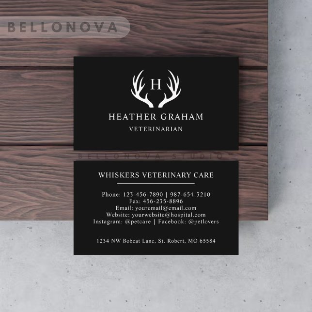 Individuelle Name Schwarz-Weiß-Hirsch-Antler-Monog Visitenkarte (Custom Name Black And White Deer Antler Monogram Business Card)