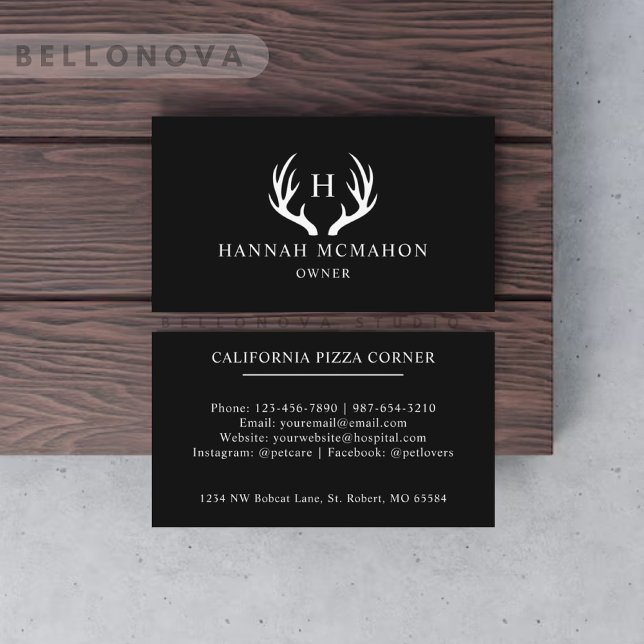 Individuelle Name Schwarz-Weiß-Hirsch-Antler-Monog Visitenkarte (Custom Name Black And White Deer Antler Monogram Business Card)