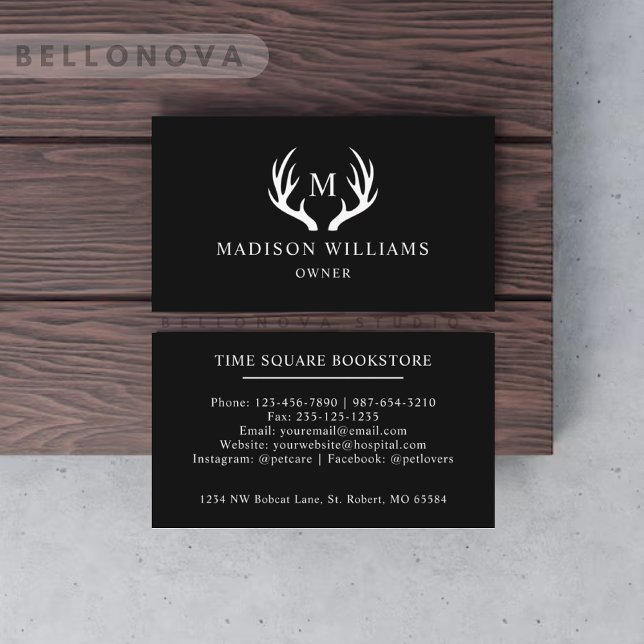 Individuelle Name Schwarz-Weiß-Hirsch-Antler-Monog Visitenkarte (Custom Name Black And White Deer Antler Monogram Business Card)