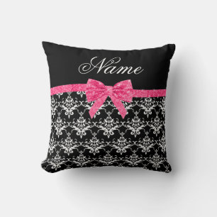 Individuelle Name Schwarz-weißer Damast Rosa Glitz Kissen