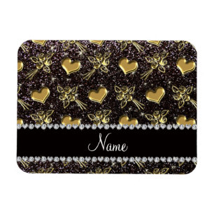 Individuelle Name Schwarzer Glitzer Gold Rose Herz Magnet