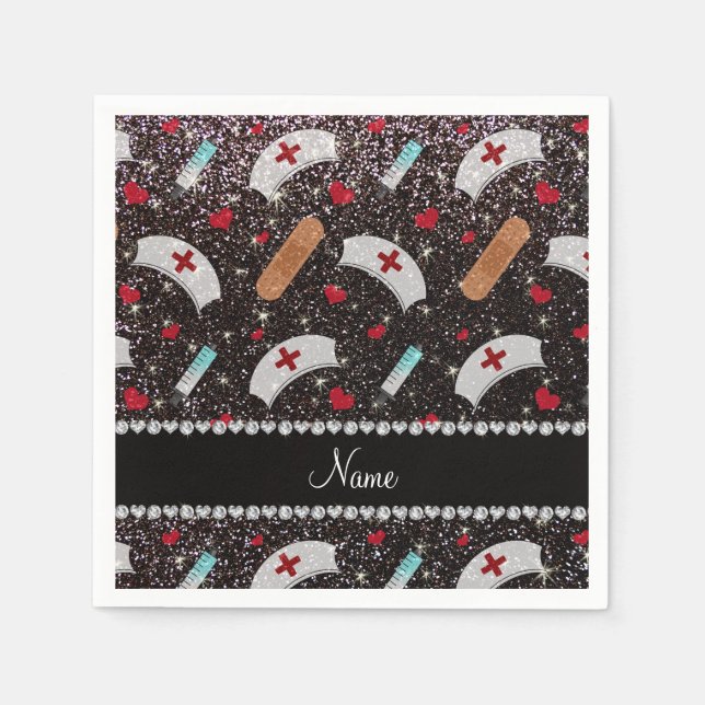 Individuelle Name Schwarzer Glitzer Krankenschwest Serviette (Vorderseite)