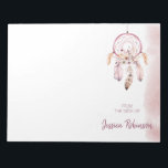 Individuelle Name Script Boho Dream Catcher Wasser Notizblock<br><div class="desc">Dieses moderne,  whimsical Notizblock mit einem handgemalten Aquarelltöner in Rosa und Ihrem individuelle Name ist einfach zu personalisieren.</div>