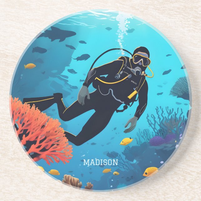 Individuelle Name Scuba Diver Getränkeuntersetzer (Vorne)