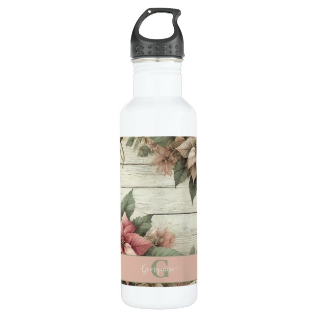 Individuelle Name Shabby Chic Pastel Poinsettias G Edelstahlflasche (Vorderseite)