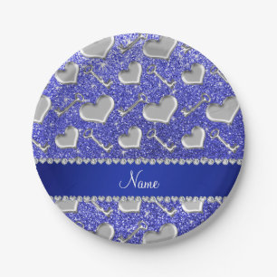 Individuelle Name Silberherzen Schlüssel Neon Blue Pappteller