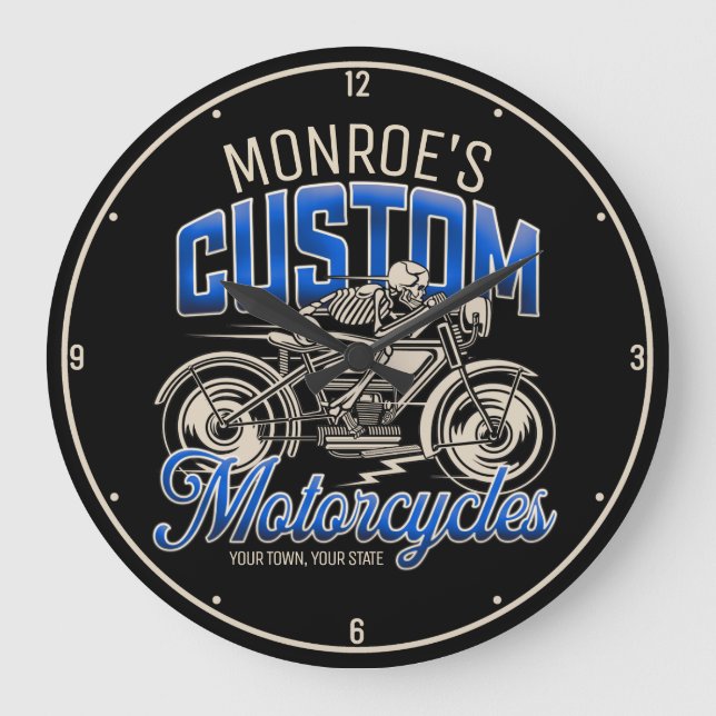Individuelle Name Skeleton Motorrad-Shop Große Wanduhr (Vorderseite)