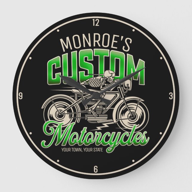 Individuelle Name Skeleton Motorrad-Shop Große Wanduhr (Vorderseite)