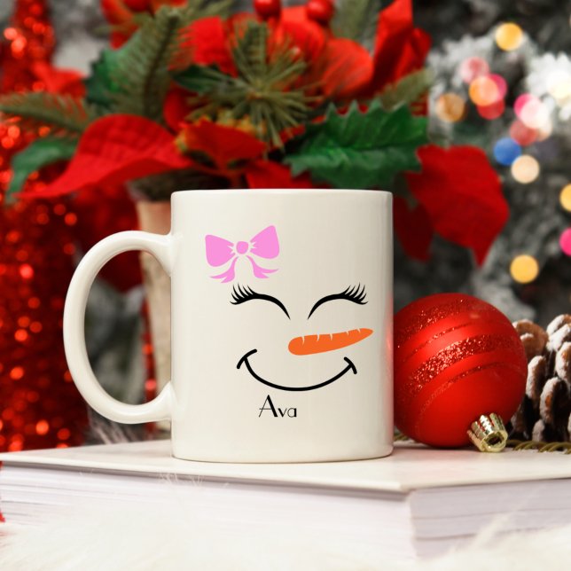 Individuelle Name Snowman Snowgirl Pink Bow Kaffeetasse (Von Creator hochgeladen)