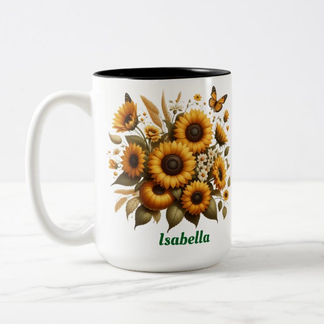Individuelle Name, Sonnenblumen Zwei-Tone-Kaffee-T Zweifarbige Tasse (Links)