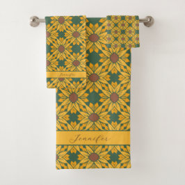Individuelle Name Sonnenblumenmuster auf dunkelgrü Badhandtuch Set