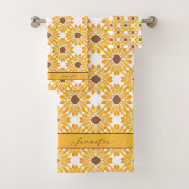 Individuelle Name Sonnenblumenmuster auf Weiß Badhandtuch Set