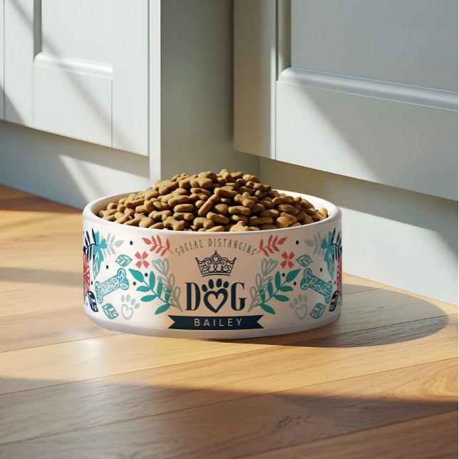 Individuelle Name Sozialdistanzierung Hund & Blume Napf (Custom Name Social Distancing Dog & Floral Design Bowl)