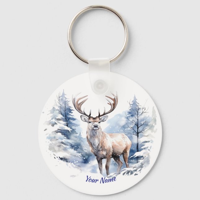 Individuelle Name Stag Hirsch Winterschneewald Tie Schlüsselanhänger (Vorderseite)