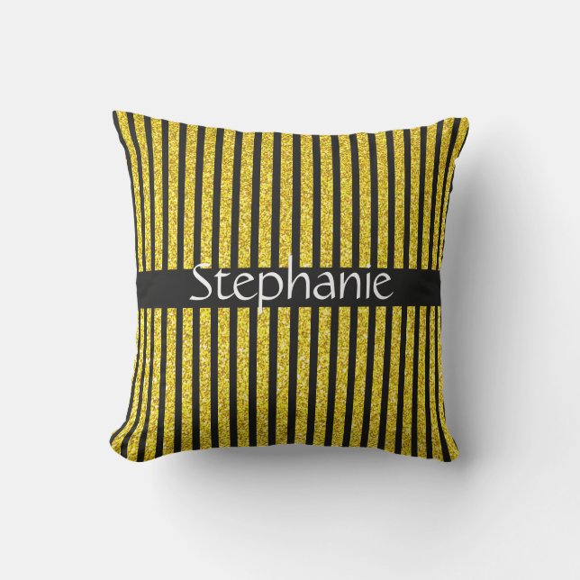 Individuelle Name Stripes Black Gold Golden Glitze Kissen (Vorderseite)