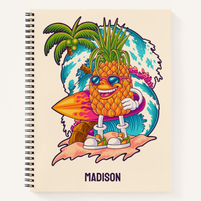Individuelle Name Surfen Ananas Notizbuch (Vorderseite)