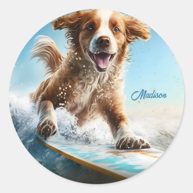 Individuelle Name Surfhund Runder Aufkleber (Vorderseite)