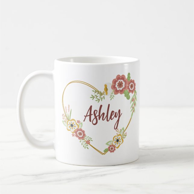 Individuelle Name Tasse, Blumenherz Personalisiert Kaffeetasse (Links)