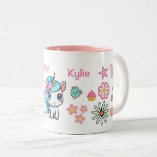 Individuelle Name-Tasse mit Einhorn und Aufklebern Zweifarbige Tasse